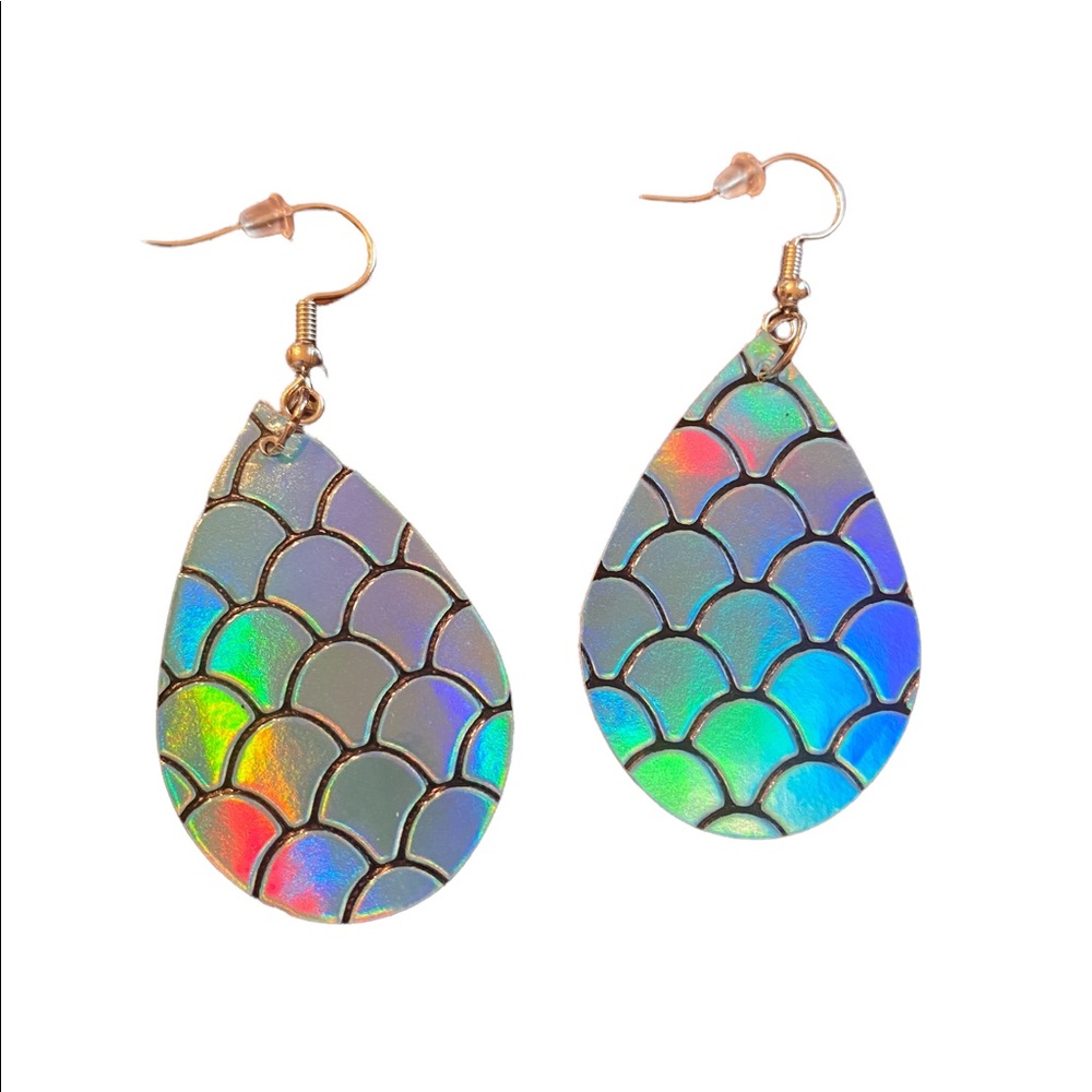 Mermaid Tail Faux Leather Iridescent Teardrop Earrings